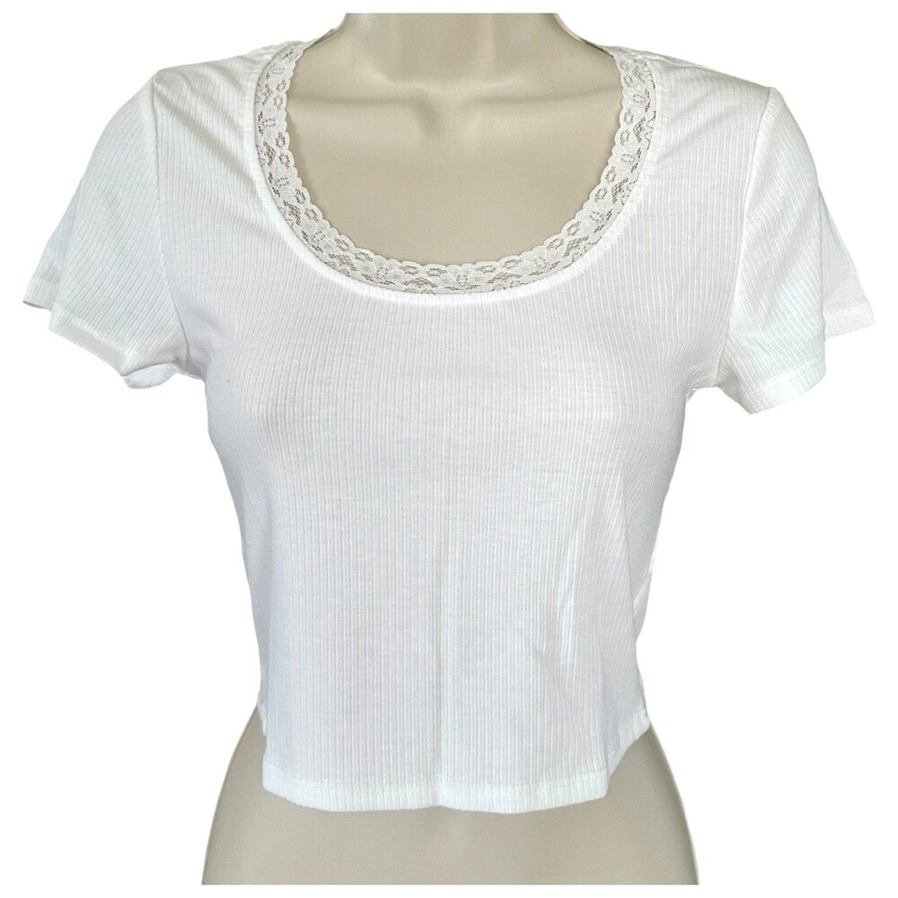 Antistar Junior's Cropped Top Short Sleeve Lace Trimmed Neckline Size M White